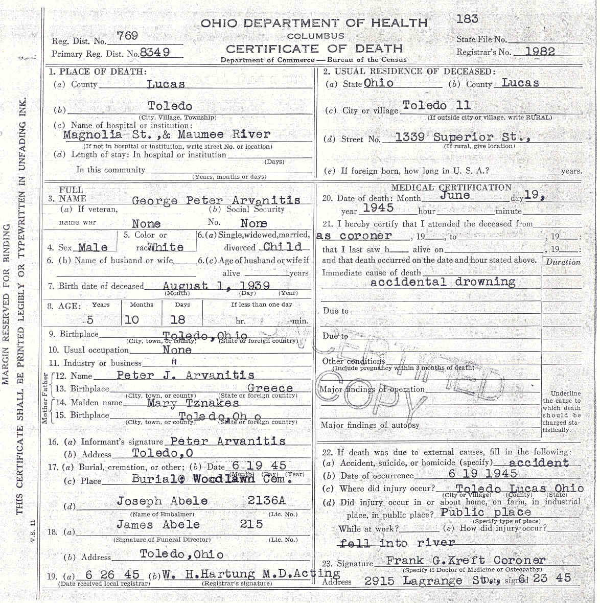 George P. Arvanitis' death certificate s-o Peter & Mary Tzanakis Arvanitis.jpg