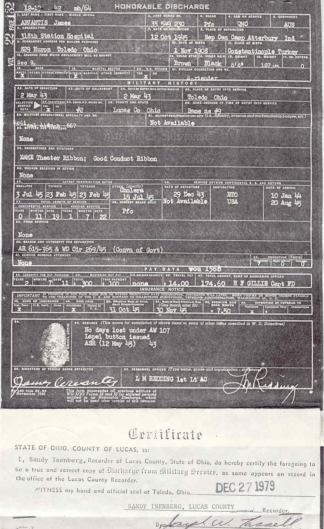 James G. Arvanitis' Discharge Papers - back.jpg