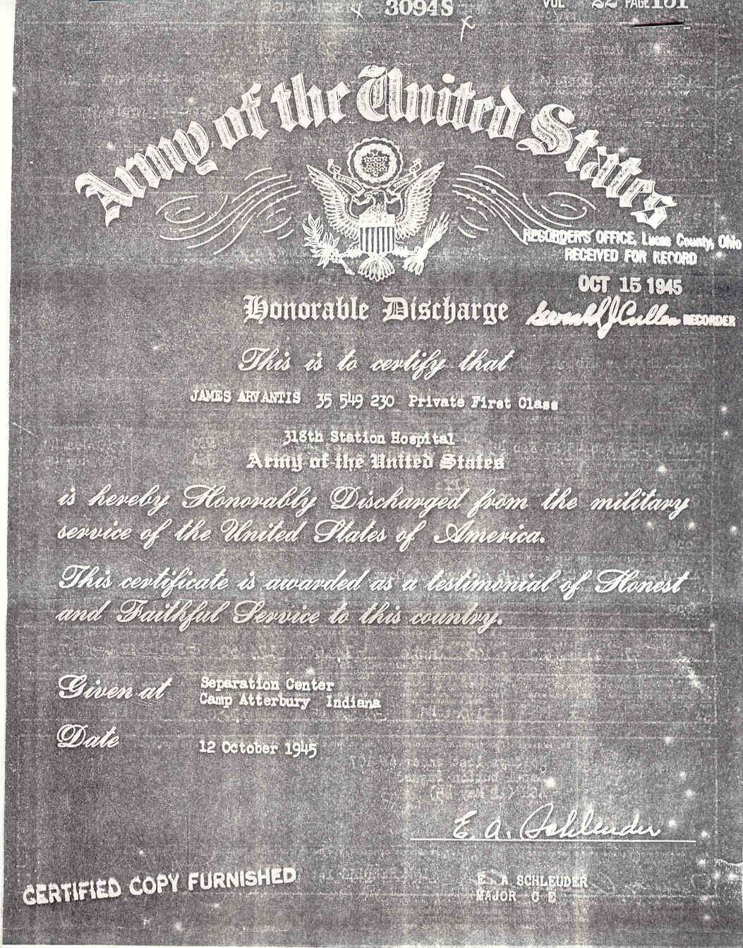 James G. Arvanitis' Discharge Papers - front.jpg