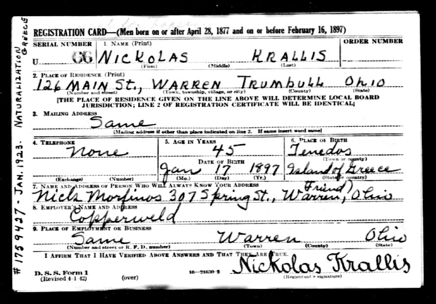 Nicholas Krallis - 1942 draft registration card.jpg