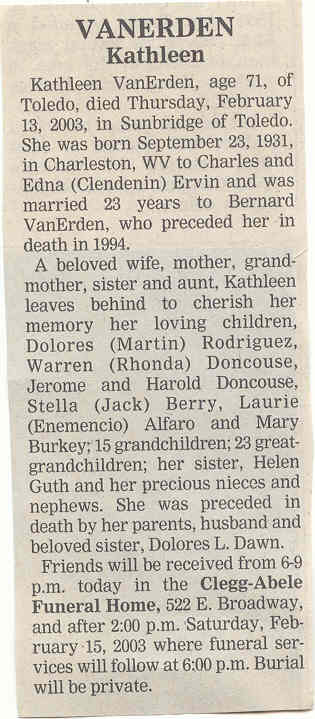 Kathleen Ervin Van Erden d-o Charles N. Arvanitis & Edna Clendenin d.2-13-2003.jpg