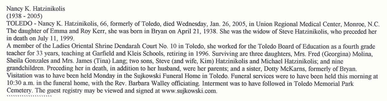 Nancy Kerr Hatzinikolis w-o Steve N. Hatzinikolis d.1-26-2005.jpg