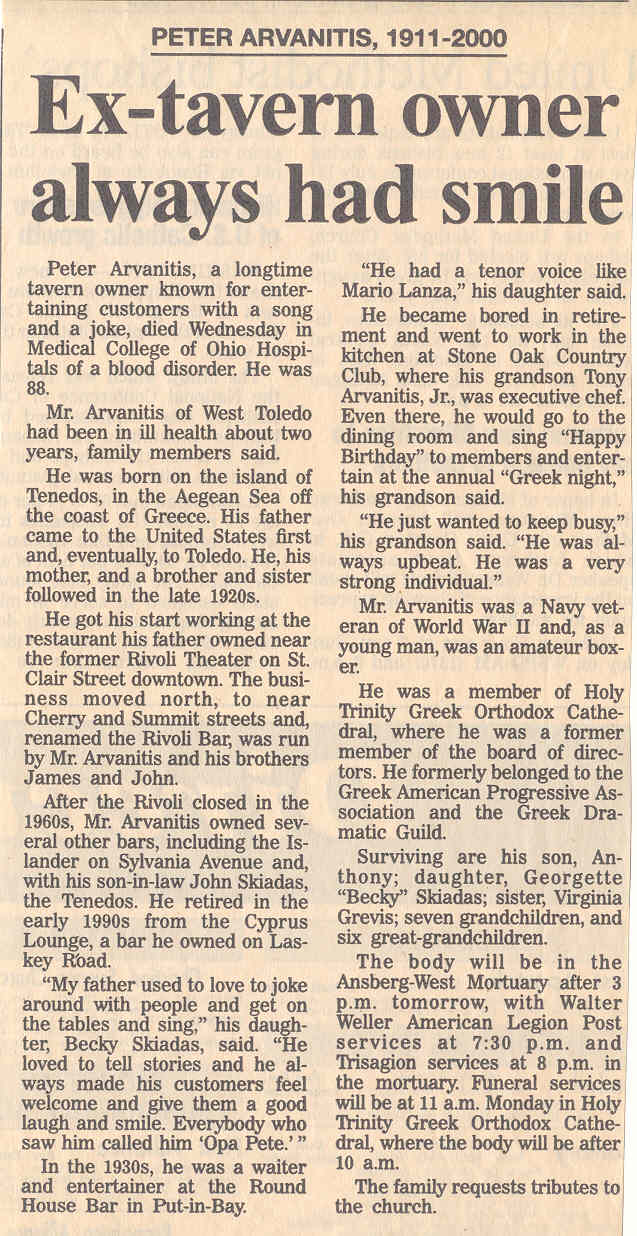 Peter G. Arvanitis s-o George D. & Anthepe Mingos Arvanitis - Toledo Blade write up.jpg